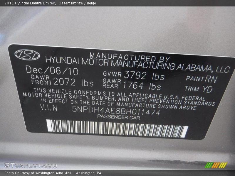 Desert Bronze / Beige 2011 Hyundai Elantra Limited
