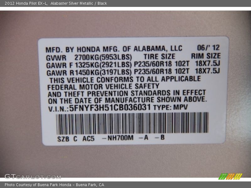 Alabaster Silver Metallic / Black 2012 Honda Pilot EX-L
