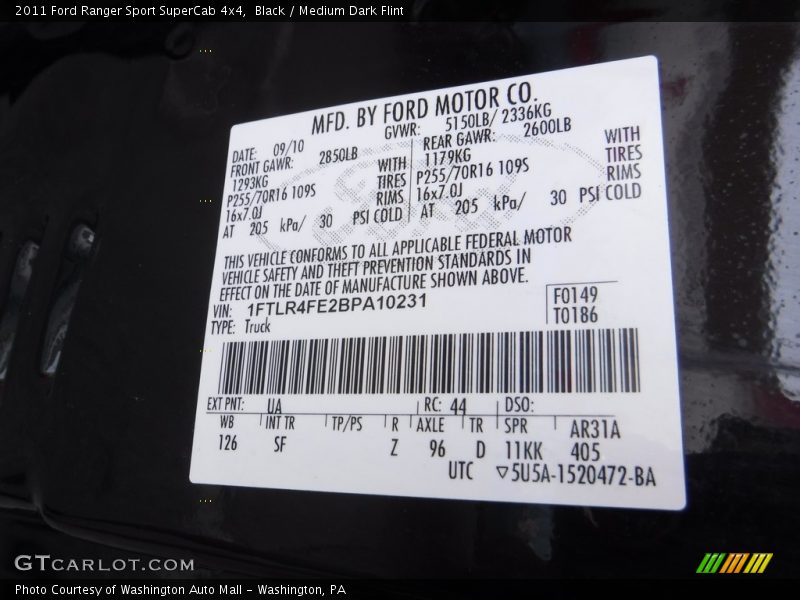 Black / Medium Dark Flint 2011 Ford Ranger Sport SuperCab 4x4