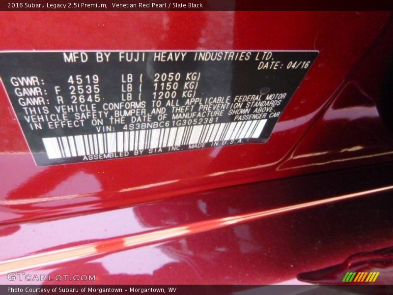 Venetian Red Pearl / Slate Black 2016 Subaru Legacy 2.5i Premium