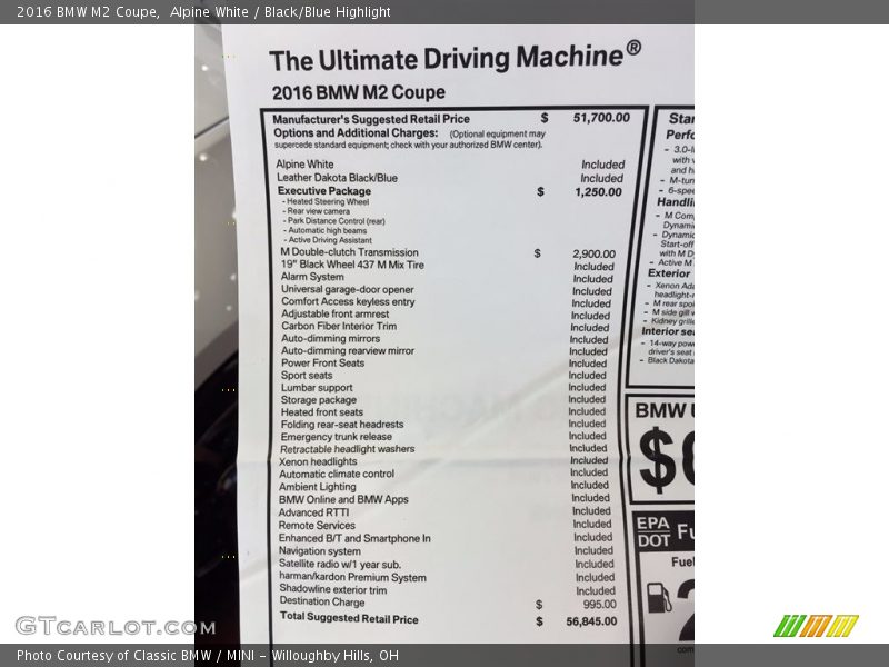  2016 M2 Coupe Window Sticker