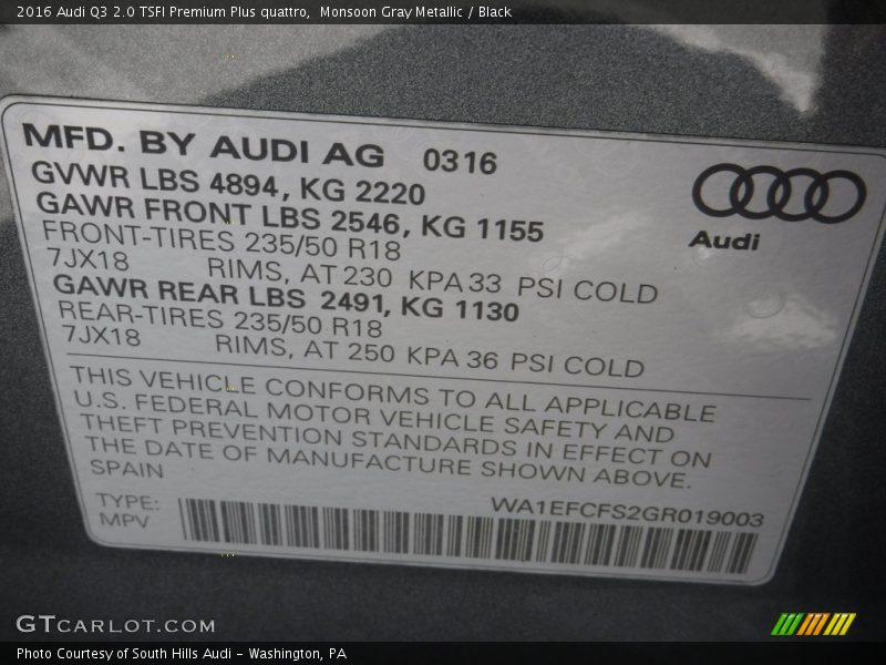 Monsoon Gray Metallic / Black 2016 Audi Q3 2.0 TSFI Premium Plus quattro