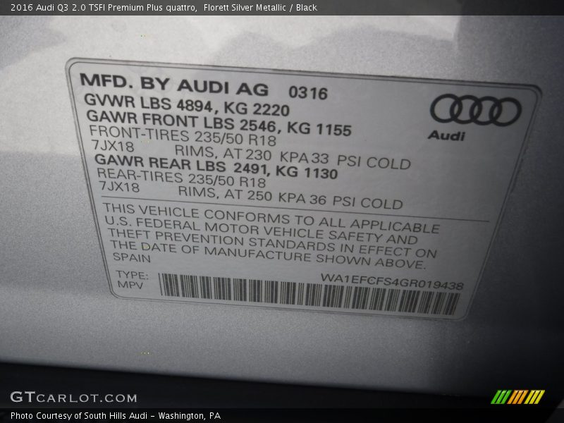 Florett Silver Metallic / Black 2016 Audi Q3 2.0 TSFI Premium Plus quattro