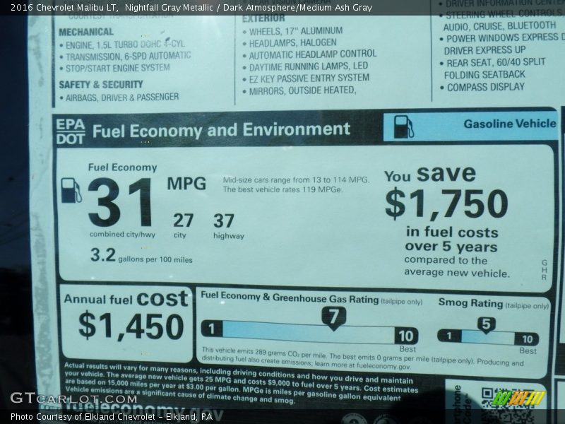 Nightfall Gray Metallic / Dark Atmosphere/Medium Ash Gray 2016 Chevrolet Malibu LT