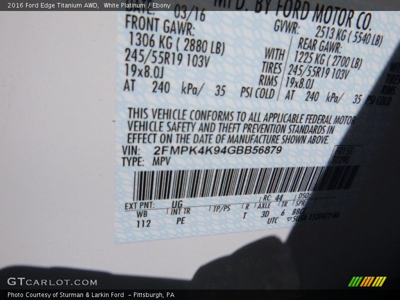 White Platinum / Ebony 2016 Ford Edge Titanium AWD