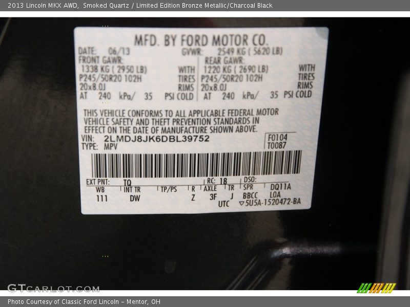 Smoked Quartz / Limited Edition Bronze Metallic/Charcoal Black 2013 Lincoln MKX AWD