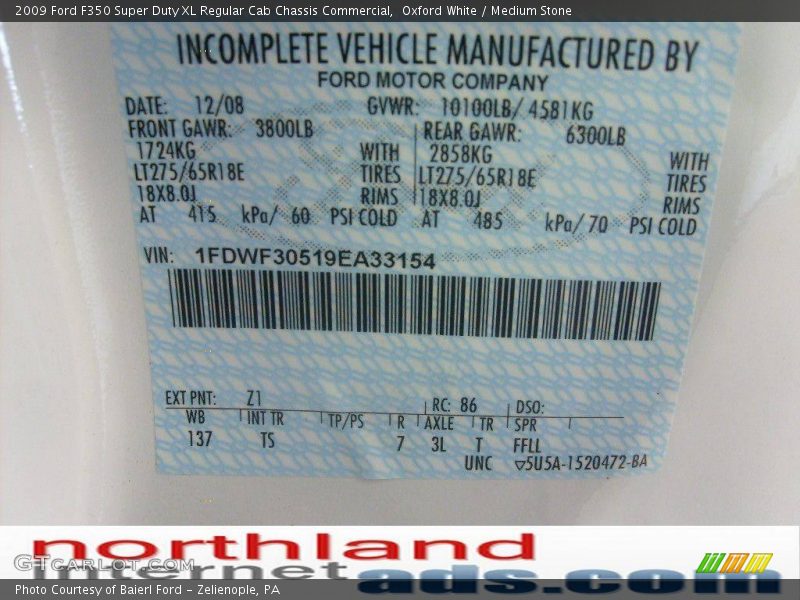 Oxford White / Medium Stone 2009 Ford F350 Super Duty XL Regular Cab Chassis Commercial