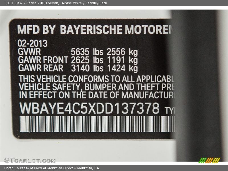 Alpine White / Saddle/Black 2013 BMW 7 Series 740Li Sedan