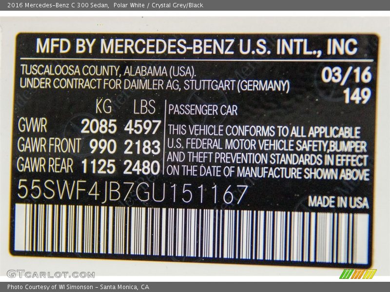 Polar White / Crystal Grey/Black 2016 Mercedes-Benz C 300 Sedan