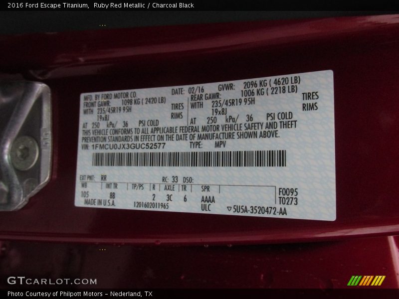 Ruby Red Metallic / Charcoal Black 2016 Ford Escape Titanium