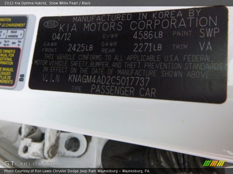 Snow White Pearl / Black 2012 Kia Optima Hybrid