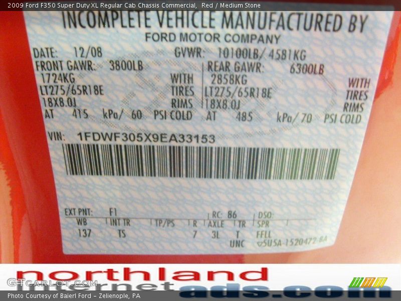 Red / Medium Stone 2009 Ford F350 Super Duty XL Regular Cab Chassis Commercial