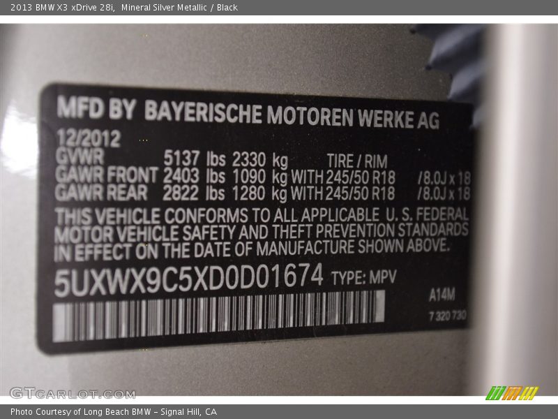 Mineral Silver Metallic / Black 2013 BMW X3 xDrive 28i