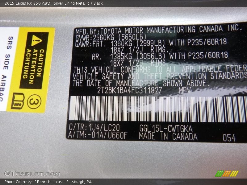 Silver Lining Metallic / Black 2015 Lexus RX 350 AWD