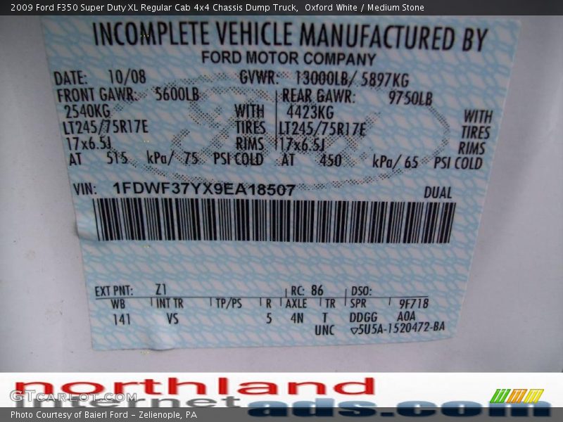 Oxford White / Medium Stone 2009 Ford F350 Super Duty XL Regular Cab 4x4 Chassis Dump Truck