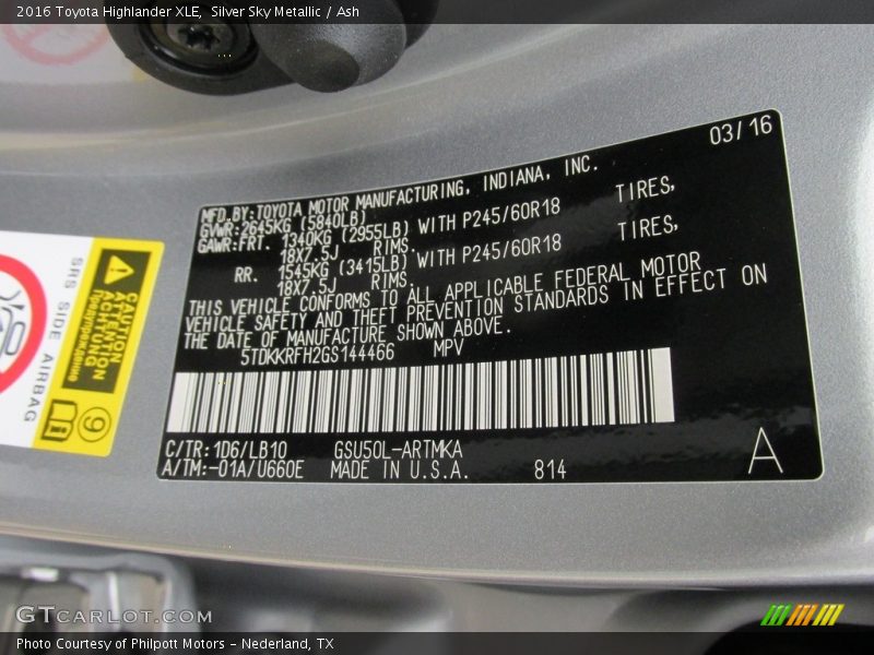 Silver Sky Metallic / Ash 2016 Toyota Highlander XLE