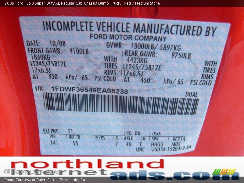 Red / Medium Stone 2009 Ford F350 Super Duty XL Regular Cab Chassis Dump Truck