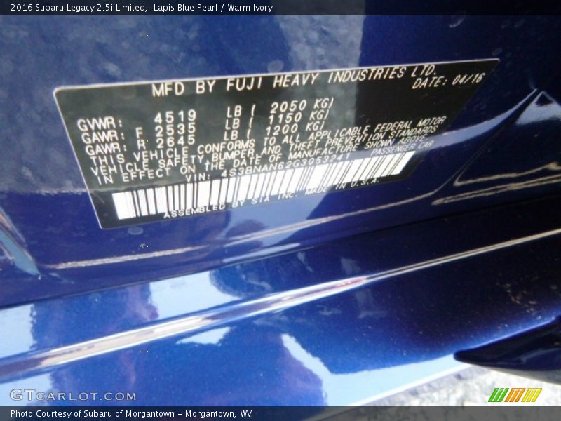 Lapis Blue Pearl / Warm Ivory 2016 Subaru Legacy 2.5i Limited