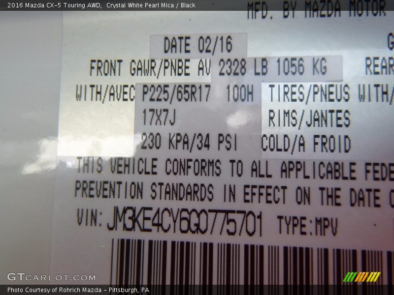 Crystal White Pearl Mica / Black 2016 Mazda CX-5 Touring AWD