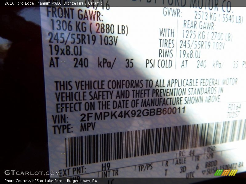 Bronze Fire / Ceramic 2016 Ford Edge Titanium AWD