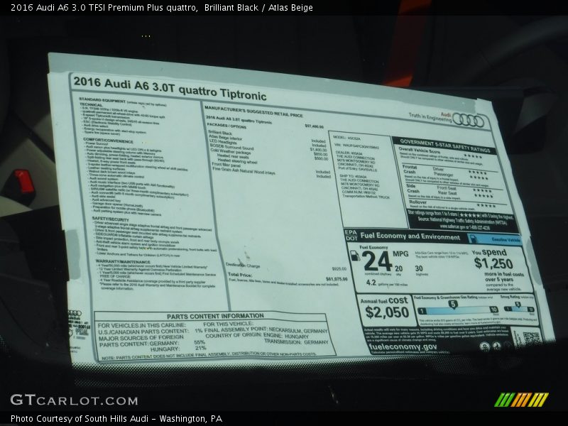 Brilliant Black / Atlas Beige 2016 Audi A6 3.0 TFSI Premium Plus quattro