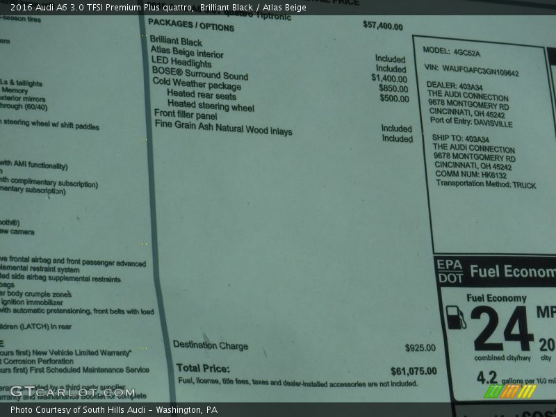 Brilliant Black / Atlas Beige 2016 Audi A6 3.0 TFSI Premium Plus quattro