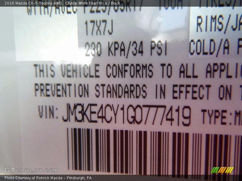 Crystal White Pearl Mica / Black 2016 Mazda CX-5 Touring AWD