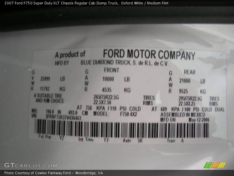 Oxford White / Medium Flint 2007 Ford F750 Super Duty XLT Chassis Regular Cab Dump Truck