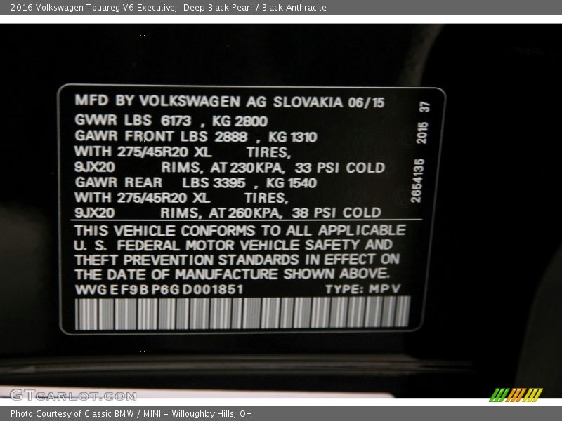 Deep Black Pearl / Black Anthracite 2016 Volkswagen Touareg V6 Executive