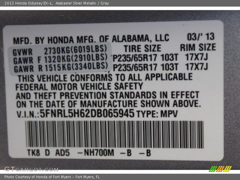 Alabaster Silver Metallic / Gray 2013 Honda Odyssey EX-L