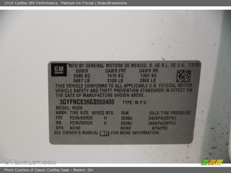 Platinum Ice Tricoat / Shale/Brownstone 2016 Cadillac SRX Performance