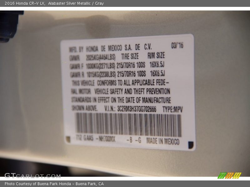 Alabaster Silver Metallic / Gray 2016 Honda CR-V LX