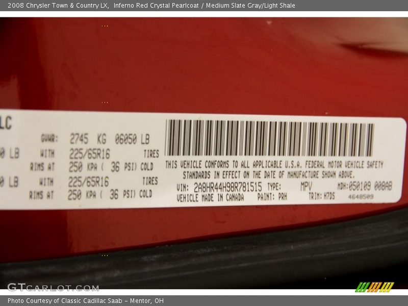 Inferno Red Crystal Pearlcoat / Medium Slate Gray/Light Shale 2008 Chrysler Town & Country LX