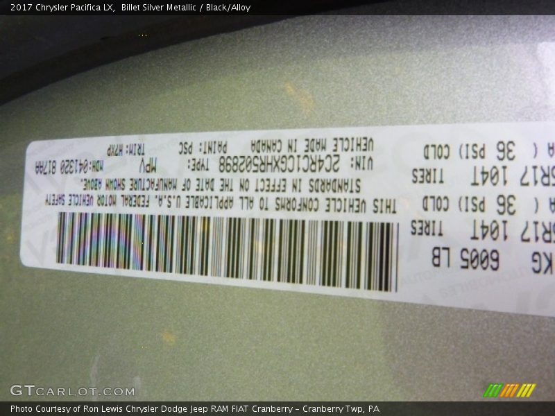 2017 Pacifica LX Billet Silver Metallic Color Code PSC