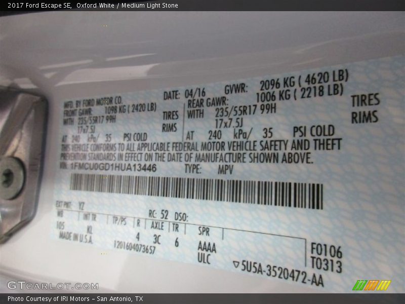 Oxford White / Medium Light Stone 2017 Ford Escape SE