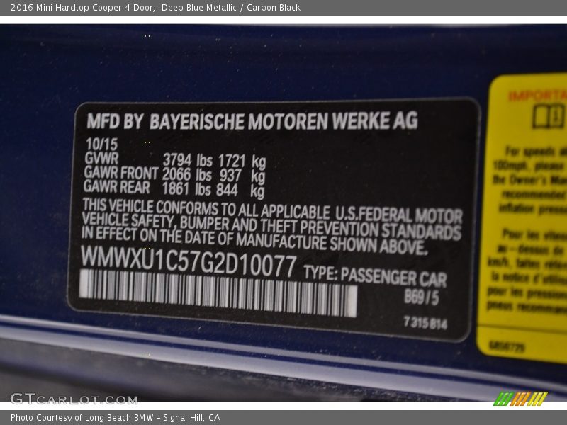Deep Blue Metallic / Carbon Black 2016 Mini Hardtop Cooper 4 Door