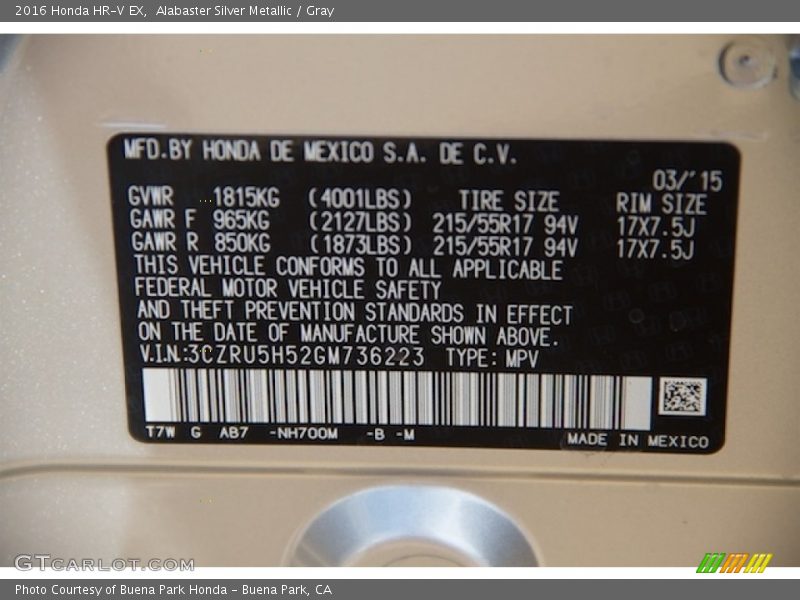 Alabaster Silver Metallic / Gray 2016 Honda HR-V EX