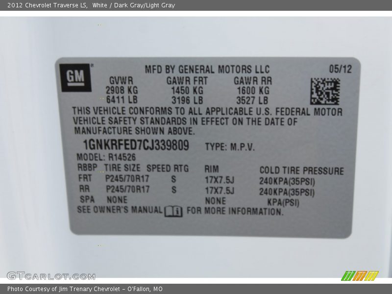 White / Dark Gray/Light Gray 2012 Chevrolet Traverse LS