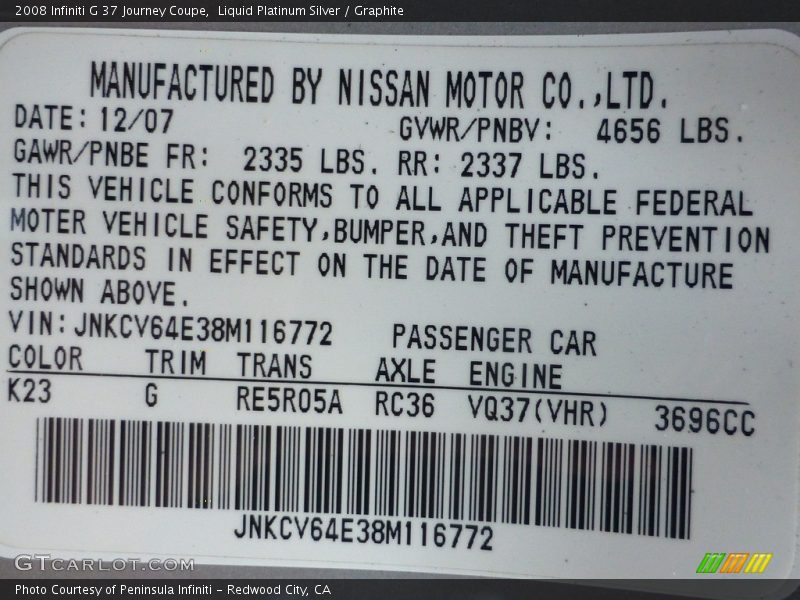 Liquid Platinum Silver / Graphite 2008 Infiniti G 37 Journey Coupe