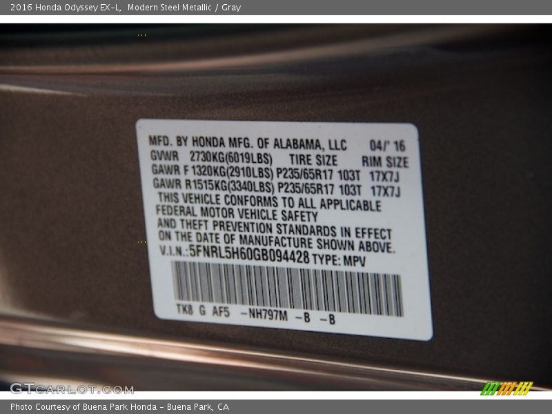 Modern Steel Metallic / Gray 2016 Honda Odyssey EX-L
