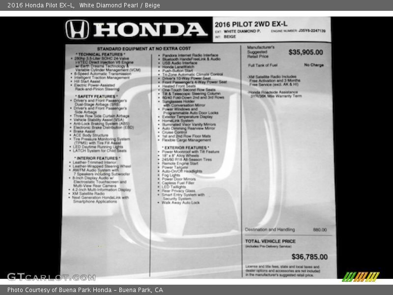 White Diamond Pearl / Beige 2016 Honda Pilot EX-L