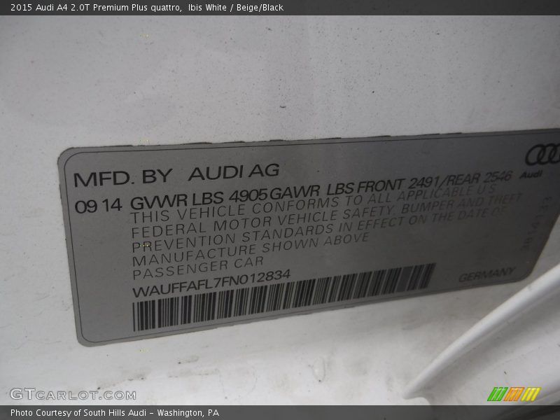 Ibis White / Beige/Black 2015 Audi A4 2.0T Premium Plus quattro
