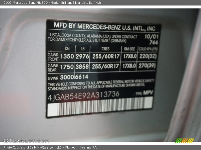 Brilliant Silver Metallic / Ash 2002 Mercedes-Benz ML 320 4Matic