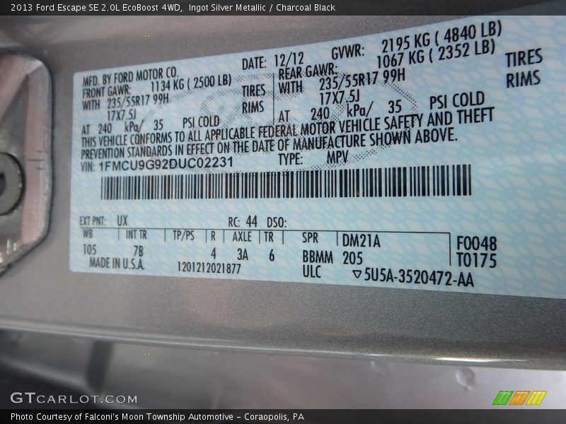 Ingot Silver Metallic / Charcoal Black 2013 Ford Escape SE 2.0L EcoBoost 4WD