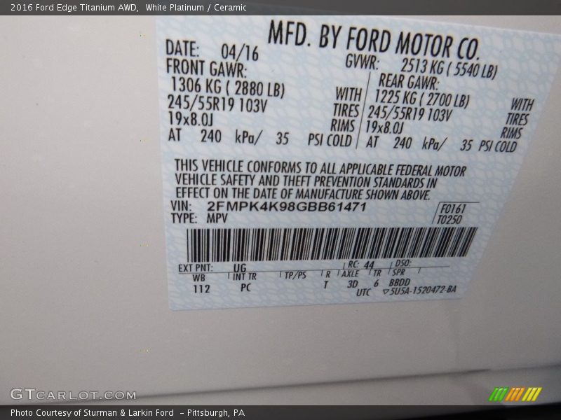 White Platinum / Ceramic 2016 Ford Edge Titanium AWD