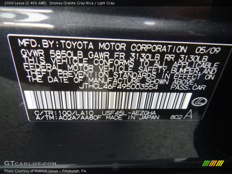 Smokey Granite Gray Mica / Light Gray 2009 Lexus LS 460 AWD