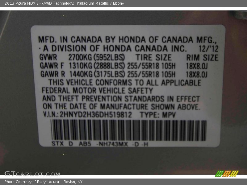 Palladium Metallic / Ebony 2013 Acura MDX SH-AWD Technology