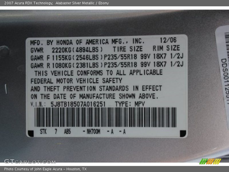 Alabaster Silver Metallic / Ebony 2007 Acura RDX Technology