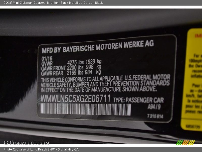 Midnight Black Metallic / Carbon Black 2016 Mini Clubman Cooper