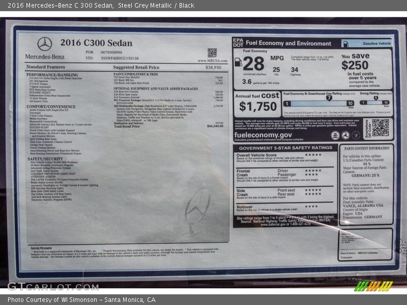 Steel Grey Metallic / Black 2016 Mercedes-Benz C 300 Sedan